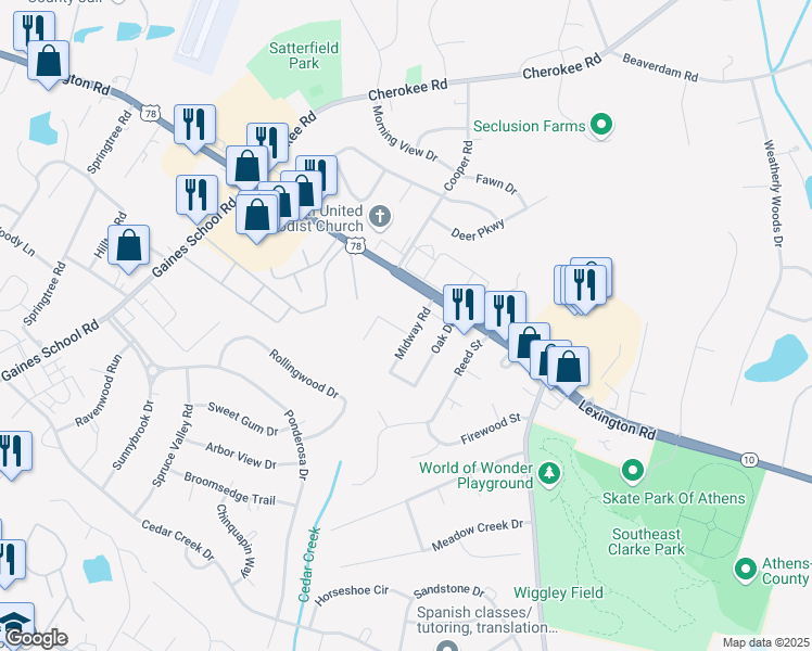 map of restaurants, bars, coffee shops, grocery stores, and more near 180 Midway Road in Athens