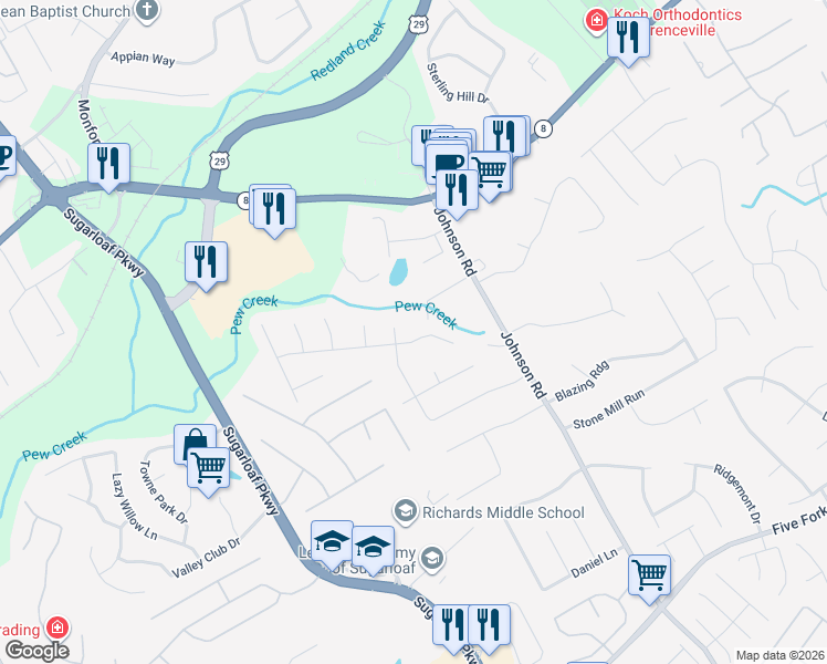 map of restaurants, bars, coffee shops, grocery stores, and more near 1195 Grayland Hills Trail in Lawrenceville