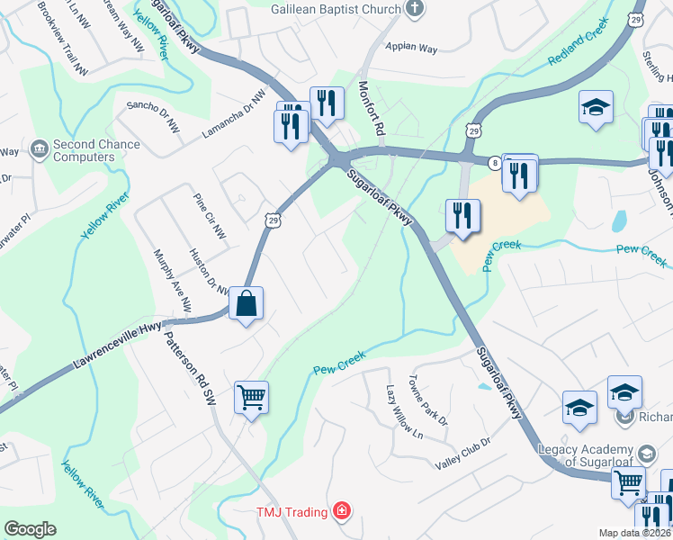 map of restaurants, bars, coffee shops, grocery stores, and more near 76 Caboose Court Northwest in Lawrenceville