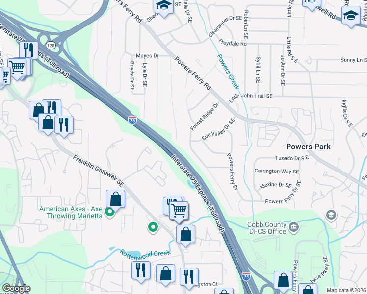 map of restaurants, bars, coffee shops, grocery stores, and more near 740 Forest Ridge Drive Southeast in Marietta