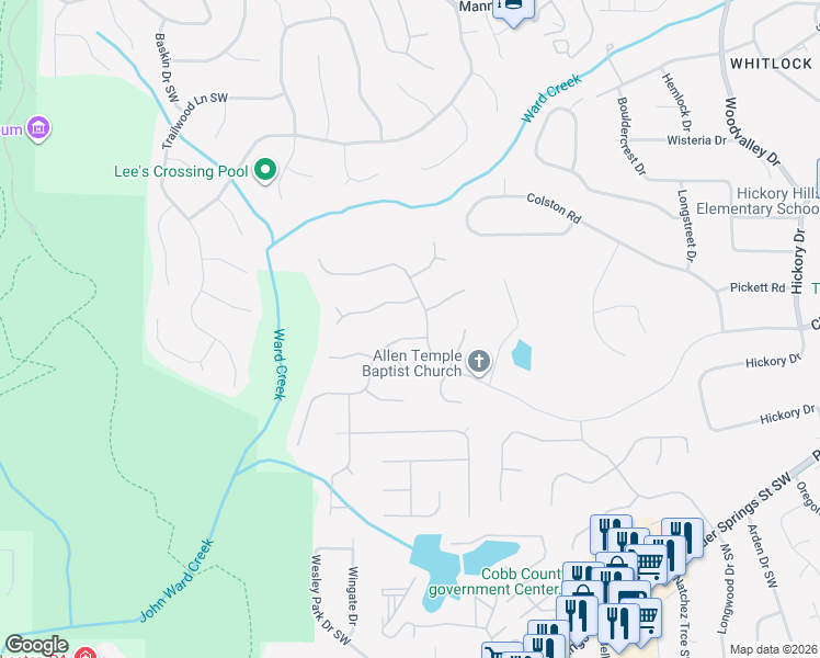 map of restaurants, bars, coffee shops, grocery stores, and more near 971 Chestnut Hill Road Southwest in Marietta