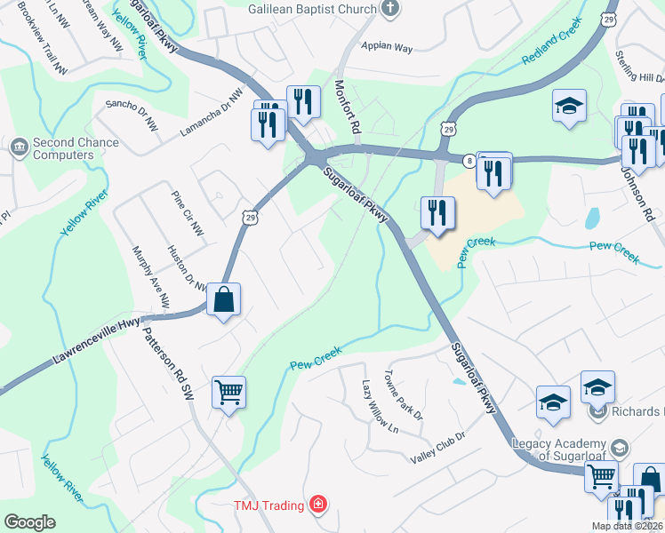 map of restaurants, bars, coffee shops, grocery stores, and more near 65 Caboose Court Northwest in Lawrenceville