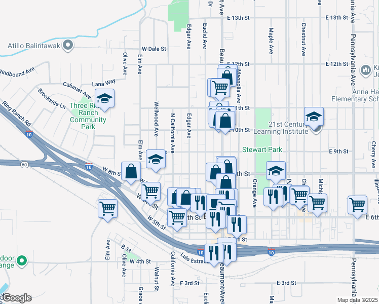 map of restaurants, bars, coffee shops, grocery stores, and more near 201 East 9th Street in Beaumont