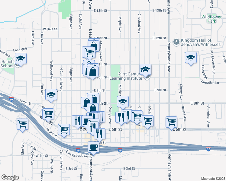 map of restaurants, bars, coffee shops, grocery stores, and more near 627 East 9th Street in Beaumont