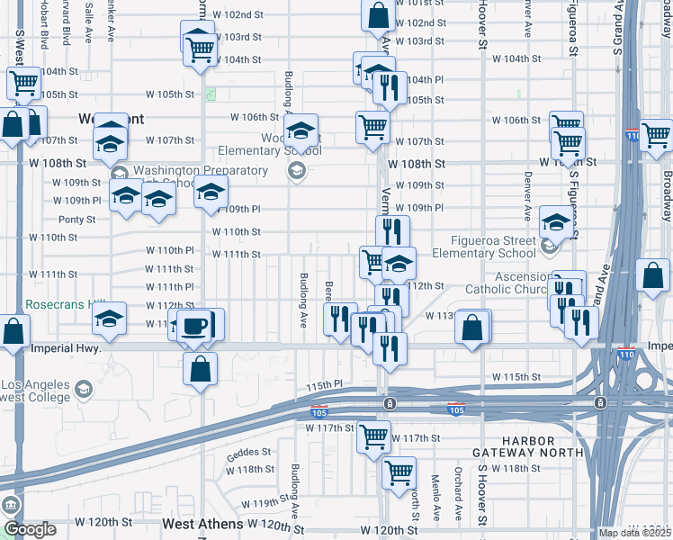 map of restaurants, bars, coffee shops, grocery stores, and more near 11116 Berendo Avenue in Los Angeles