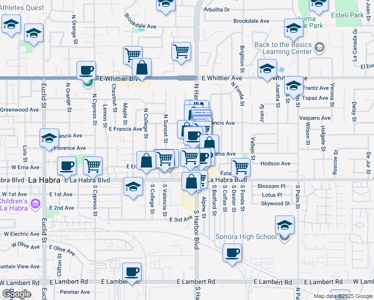 map of restaurants, bars, coffee shops, grocery stores, and more near 309 North Harbor Boulevard in La Habra