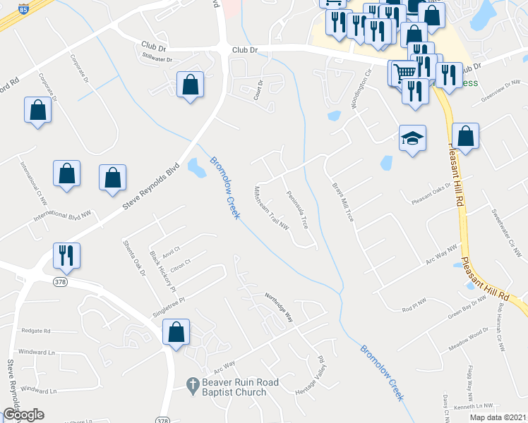 map of restaurants, bars, coffee shops, grocery stores, and more near 1358 Millstream Trail Northwest in Lawrenceville