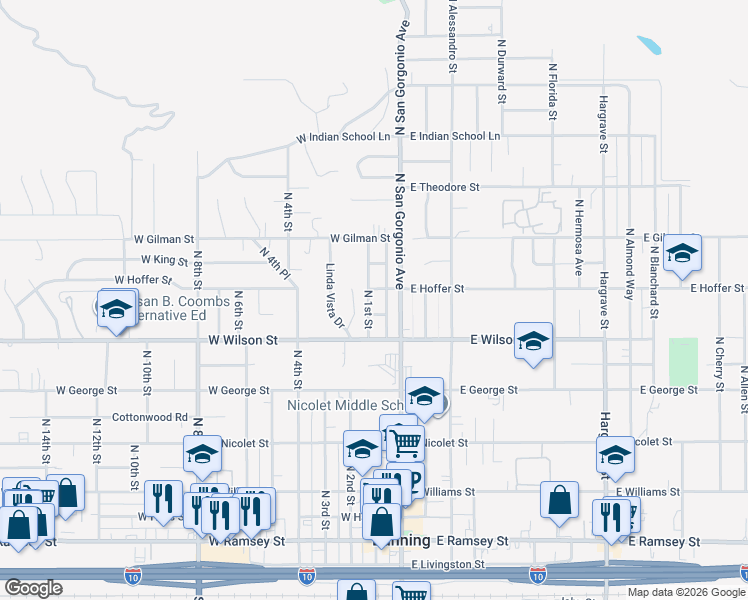 map of restaurants, bars, coffee shops, grocery stores, and more near 958 North 1st Street in Banning