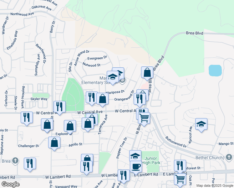map of restaurants, bars, coffee shops, grocery stores, and more near 1020 Mariposa Drive in Brea