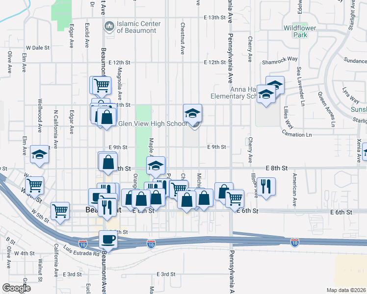 map of restaurants, bars, coffee shops, grocery stores, and more near 902 East 9th Street in Beaumont