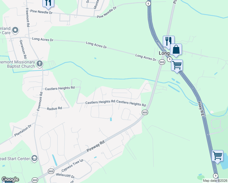 map of restaurants, bars, coffee shops, grocery stores, and more near 328 Castlers Heights Road in Longs