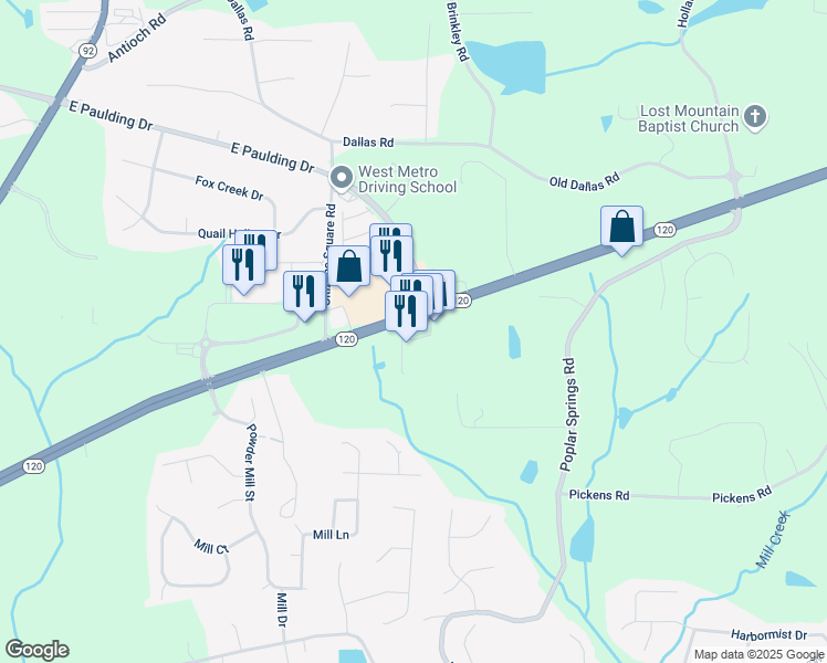 map of restaurants, bars, coffee shops, grocery stores, and more near 4082 Marietta Highway in Dallas