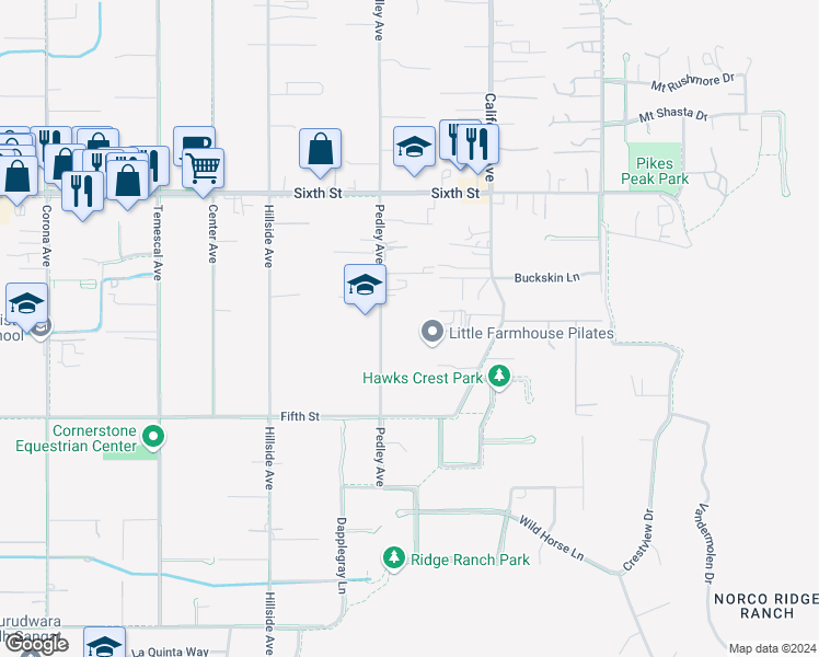 map of restaurants, bars, coffee shops, grocery stores, and more near 3597 Pedley Avenue in Norco