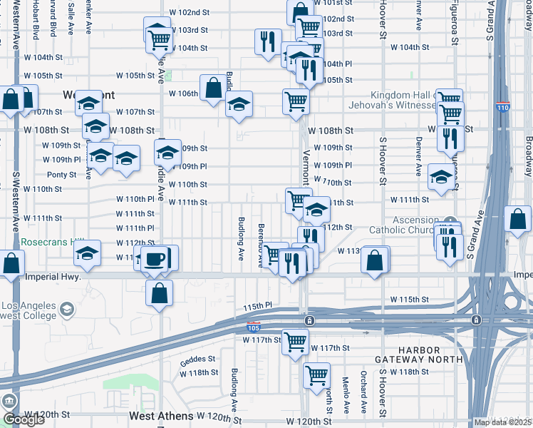 map of restaurants, bars, coffee shops, grocery stores, and more near 11116 Berendo Avenue in Los Angeles
