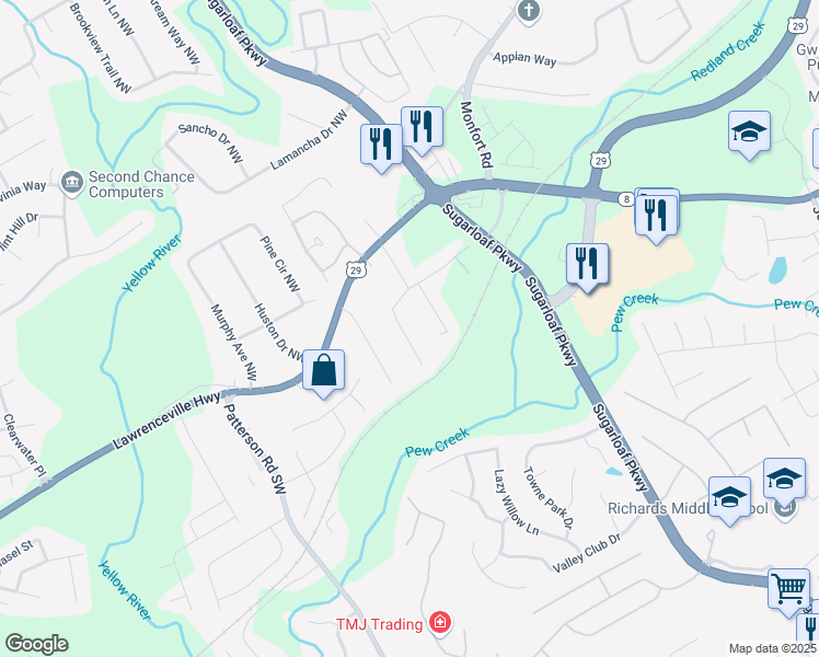 map of restaurants, bars, coffee shops, grocery stores, and more near 1704 Cannonball Court Northwest in Lawrenceville