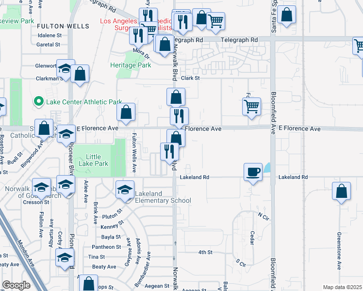 map of restaurants, bars, coffee shops, grocery stores, and more near 10840 Norwalk Boulevard in Santa Fe Springs
