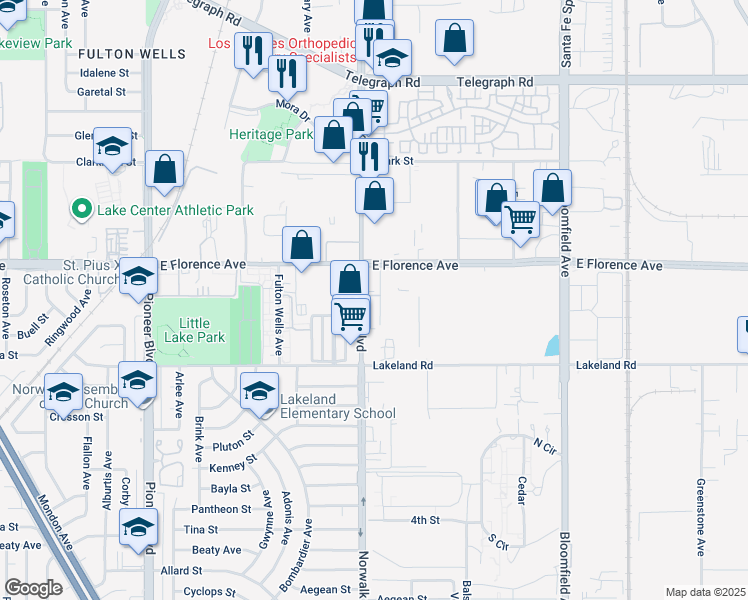 map of restaurants, bars, coffee shops, grocery stores, and more near 10840 Norwalk Boulevard in Santa Fe Springs