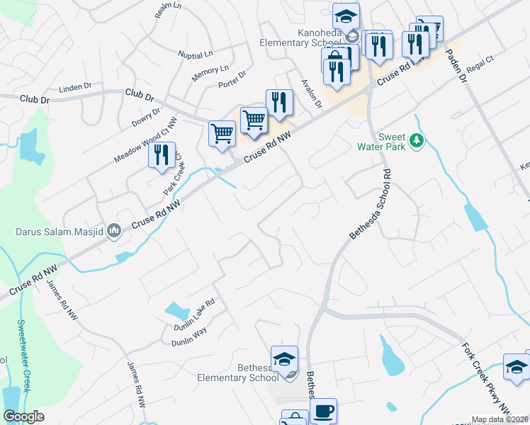 map of restaurants, bars, coffee shops, grocery stores, and more near 640 Avalon Forest Drive Northwest in Lawrenceville