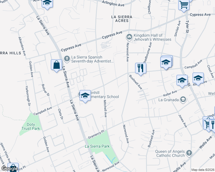 map of restaurants, bars, coffee shops, grocery stores, and more near 10768 Campbell Avenue in Riverside
