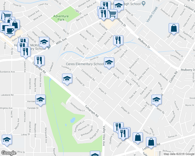 map of restaurants, bars, coffee shops, grocery stores, and more near 10610 Ruoff Avenue in Whittier