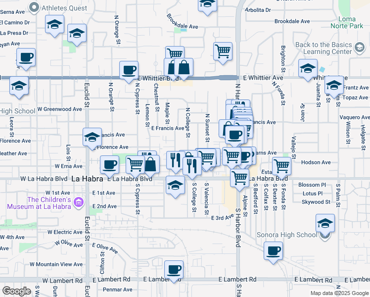 map of restaurants, bars, coffee shops, grocery stores, and more near 305 North College Street in La Habra