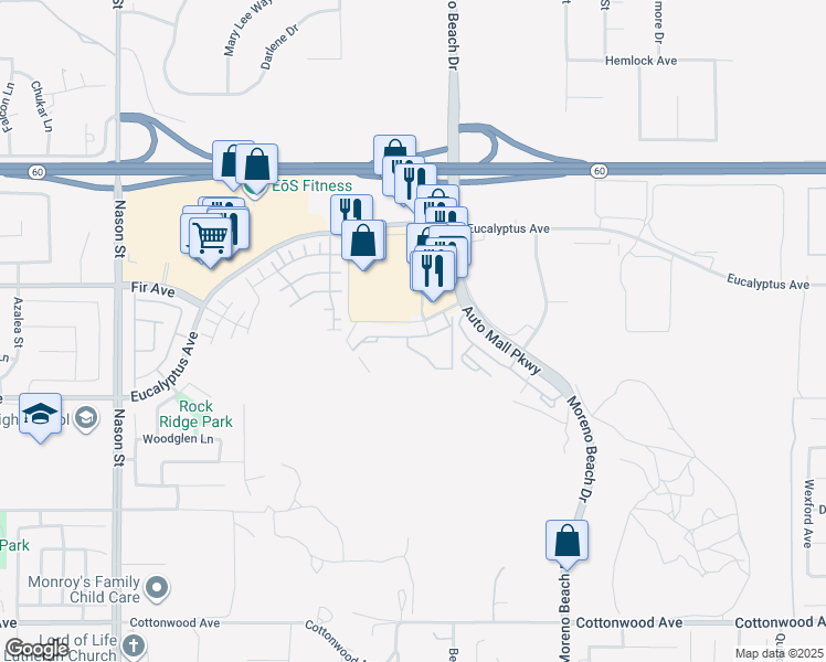 map of restaurants, bars, coffee shops, grocery stores, and more near 27625 Trail Ridge Way in Moreno Valley