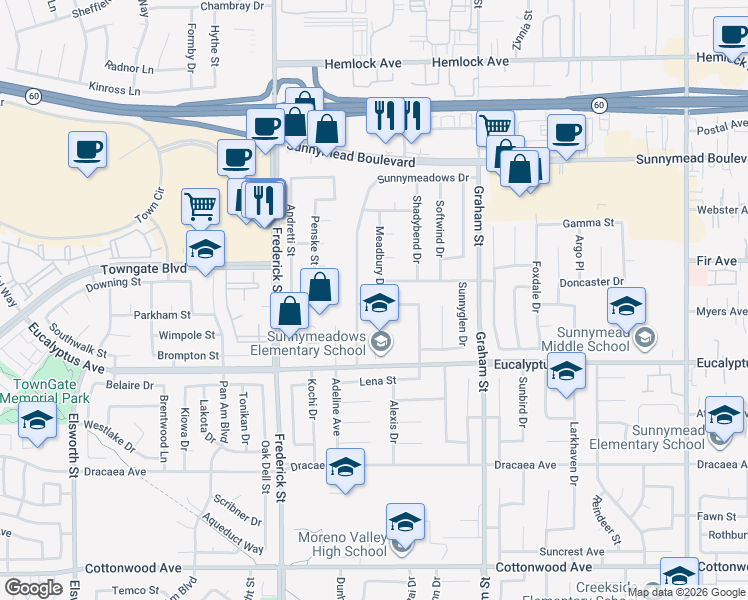 map of restaurants, bars, coffee shops, grocery stores, and more near 12831 Meadbury Drive in Moreno Valley