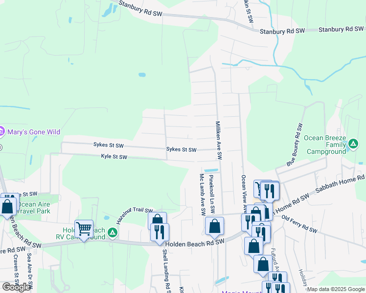 map of restaurants, bars, coffee shops, grocery stores, and more near 1320 Sykes Street Southwest in Brunswick County