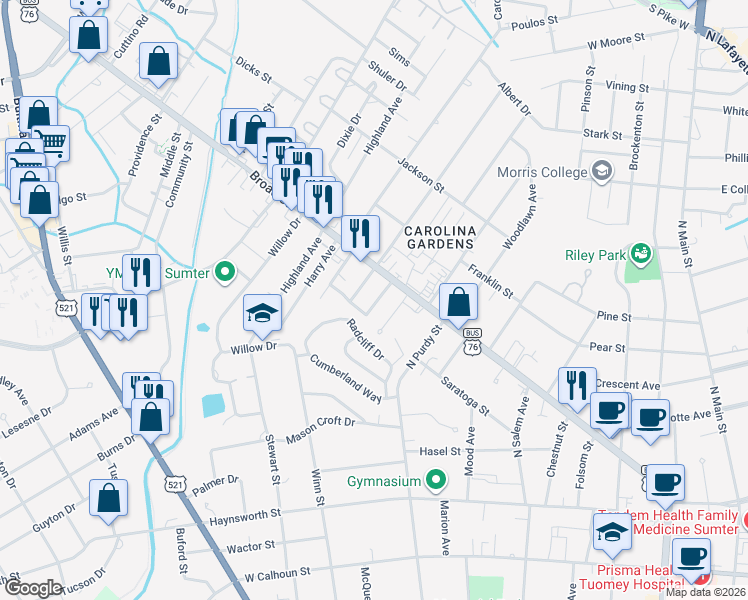 map of restaurants, bars, coffee shops, grocery stores, and more near 8 Hatfield St in Sumter