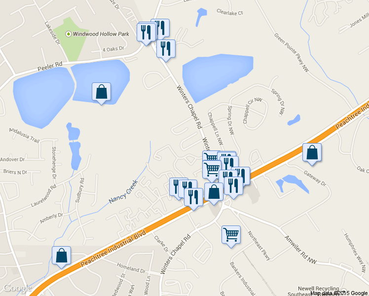 map of restaurants, bars, coffee shops, grocery stores, and more near 2900 Winter Rose Court in Atlanta