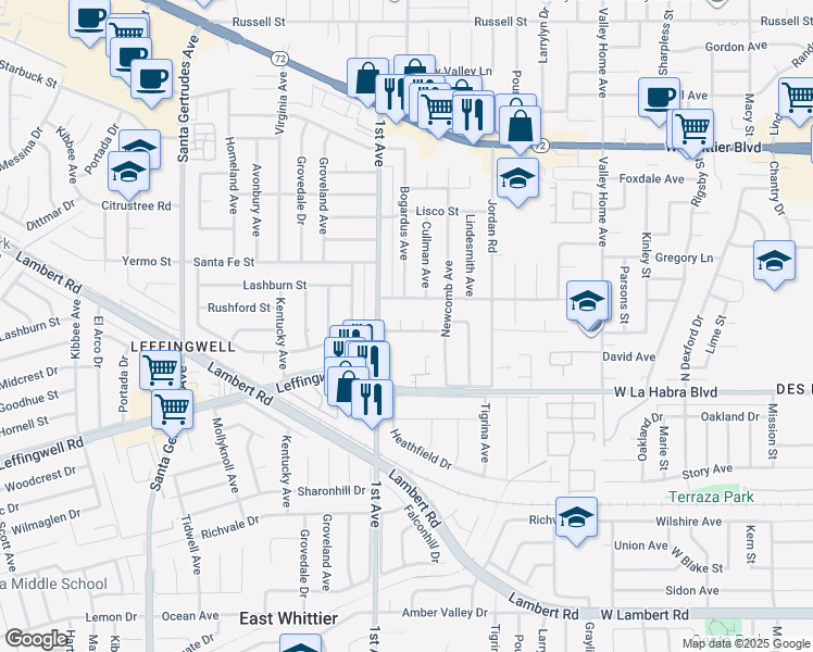 map of restaurants, bars, coffee shops, grocery stores, and more near 10912 Bogardus Avenue in Whittier