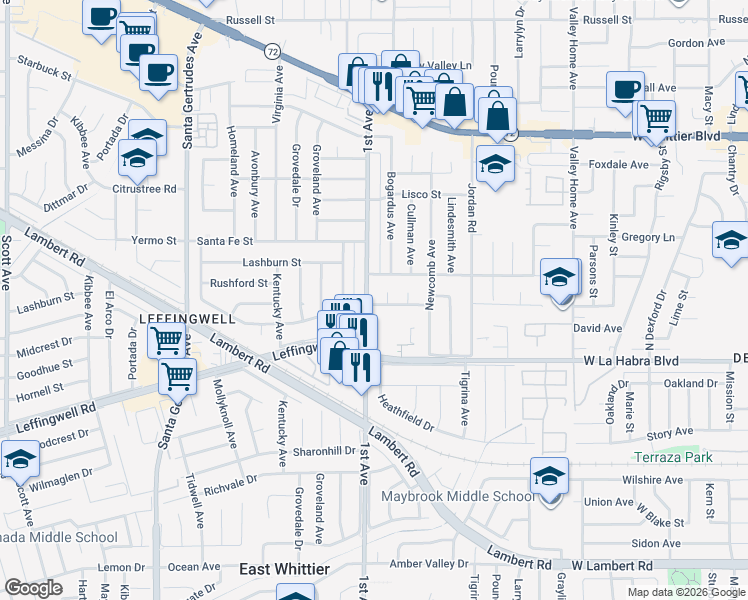 map of restaurants, bars, coffee shops, grocery stores, and more near 10903 1st Avenue in Whittier