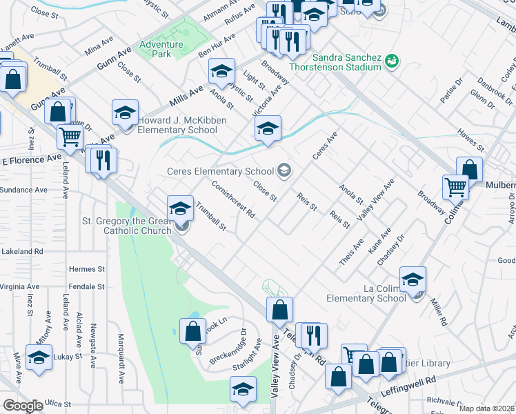 map of restaurants, bars, coffee shops, grocery stores, and more near 10610 Ruoff Avenue in Whittier