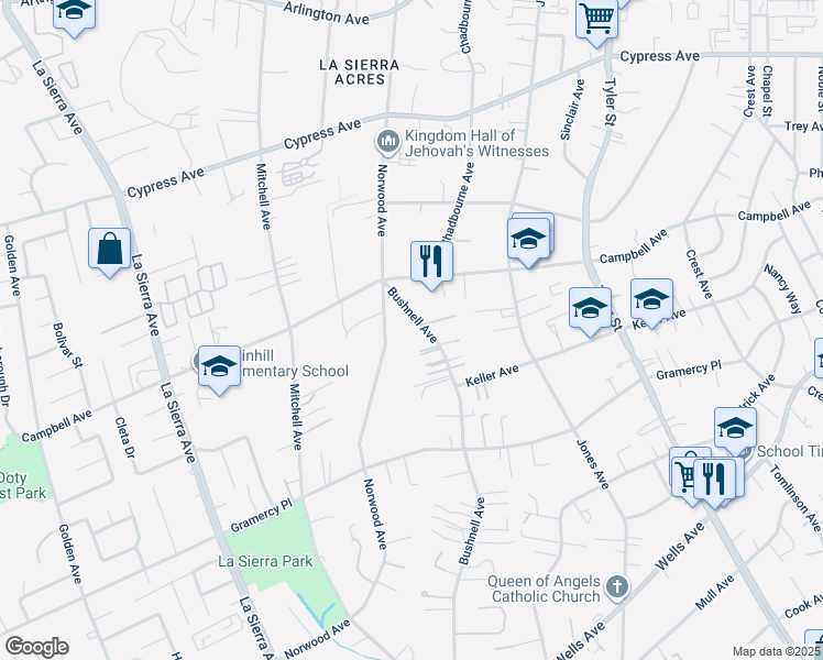 map of restaurants, bars, coffee shops, grocery stores, and more near 5510 Bushnell Avenue in Riverside