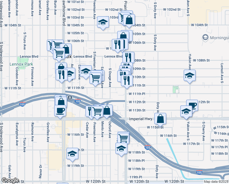 map of restaurants, bars, coffee shops, grocery stores, and more near 4044 West 111th Street in Inglewood
