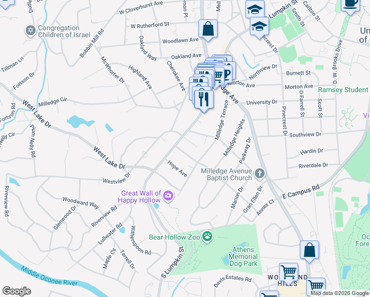 map of restaurants, bars, coffee shops, grocery stores, and more near 1875 South Lumpkin Street in Athens