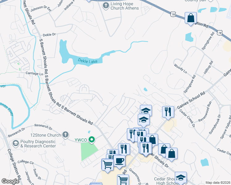 map of restaurants, bars, coffee shops, grocery stores, and more near 142 Park Ridge Court in Athens