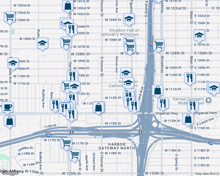 map of restaurants, bars, coffee shops, grocery stores, and more near 627 West 111th Place in Los Angeles