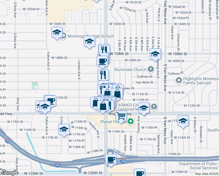 map of restaurants, bars, coffee shops, grocery stores, and more near 11112 Crenshaw Boulevard in Inglewood