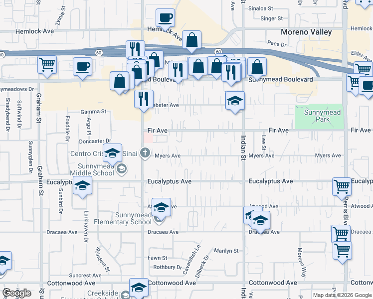 map of restaurants, bars, coffee shops, grocery stores, and more near 24215 Fir Avenue in Moreno Valley
