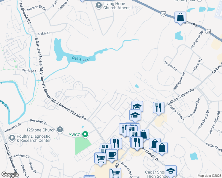 map of restaurants, bars, coffee shops, grocery stores, and more near 100-114 Woodsong Avenue in Athens