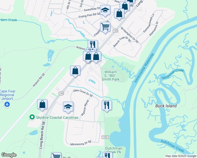 map of restaurants, bars, coffee shops, grocery stores, and more near 4163 Cambridge Cove Road in Southport