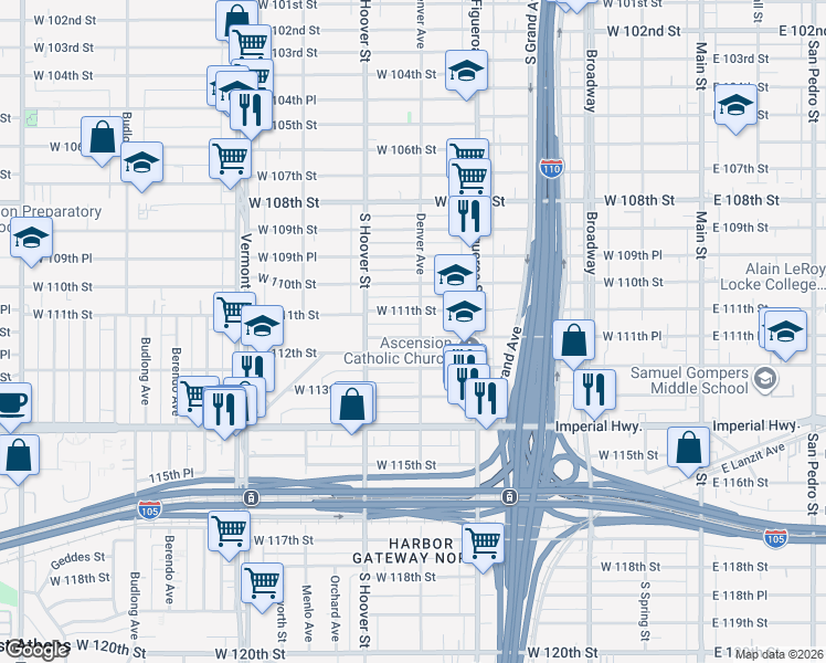 map of restaurants, bars, coffee shops, grocery stores, and more near 607 West 111th Place in Los Angeles