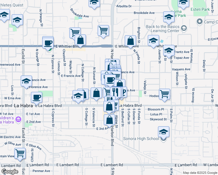 map of restaurants, bars, coffee shops, grocery stores, and more near 309 North Harbor Boulevard in La Habra