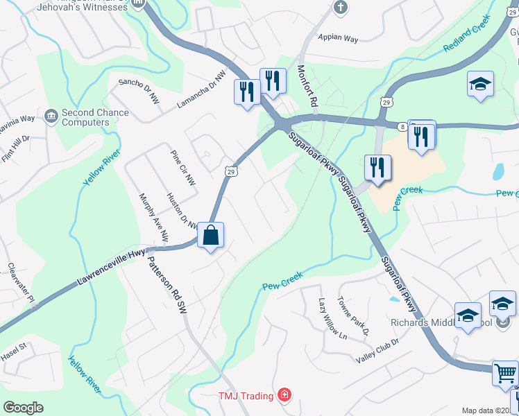 map of restaurants, bars, coffee shops, grocery stores, and more near 1693 Cannonball Court Northwest in Lawrenceville