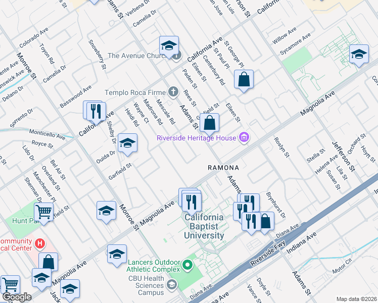 map of restaurants, bars, coffee shops, grocery stores, and more near 3948 Mescale Road in Riverside