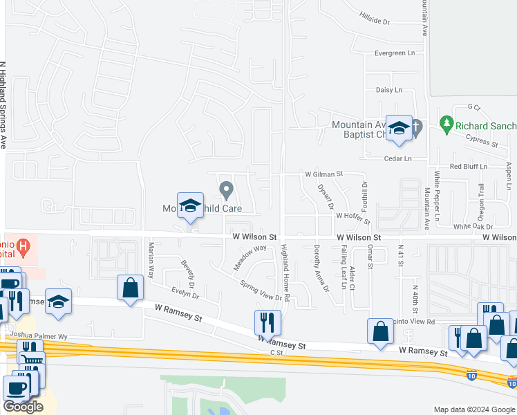 map of restaurants, bars, coffee shops, grocery stores, and more near 1034 Thompson Avenue in Banning