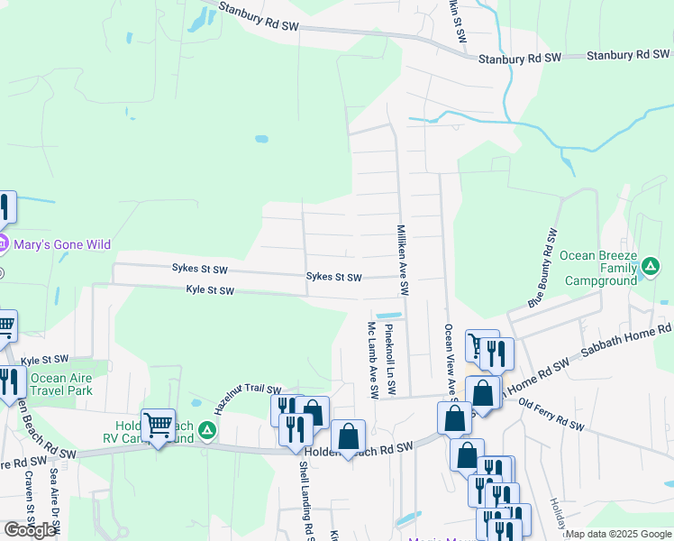 map of restaurants, bars, coffee shops, grocery stores, and more near 1320 Sykes Street Southwest in Brunswick County