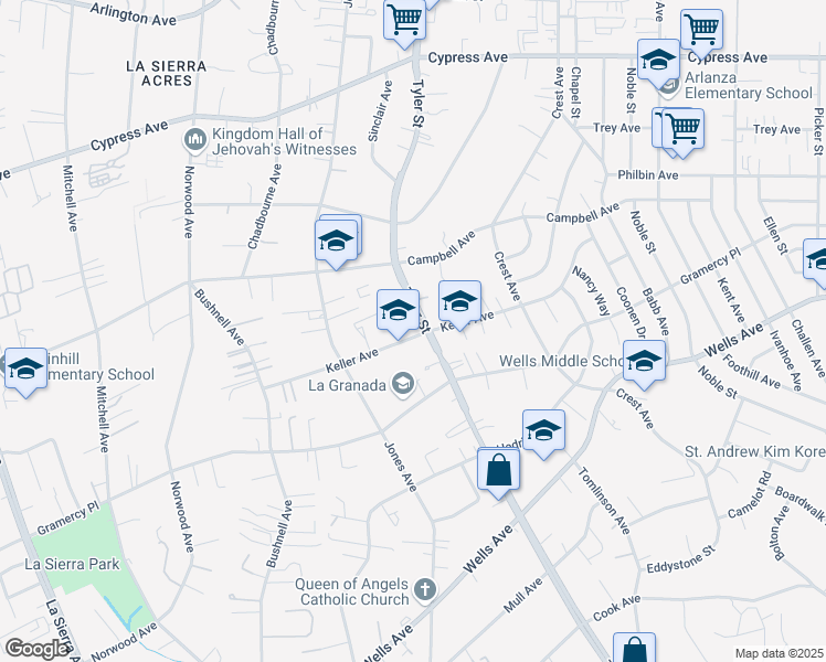 map of restaurants, bars, coffee shops, grocery stores, and more near 10311 Keller Avenue in Riverside