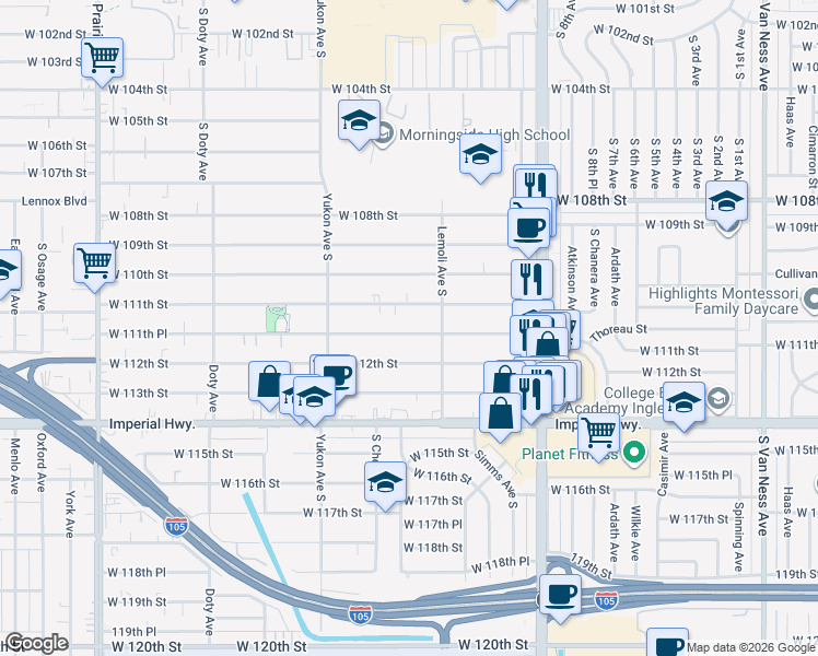 map of restaurants, bars, coffee shops, grocery stores, and more near 3337 West 111th Place in Inglewood
